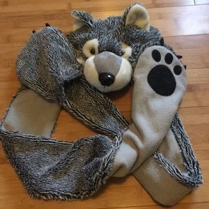 Gray wolf hat with paw mittens